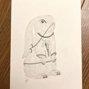 Unframed Original Art Alt Emo Hipster Bunny in Black & Grey Pencil Crayon